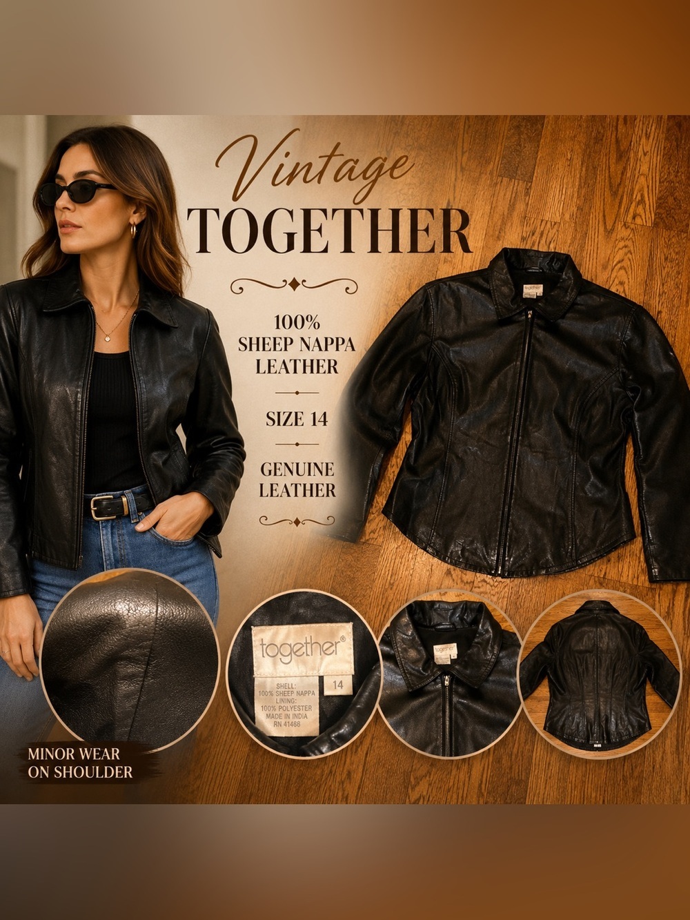 Vintage Together Black 100% Sheep Nappa Leather Zip Jacket Women’s Size 14